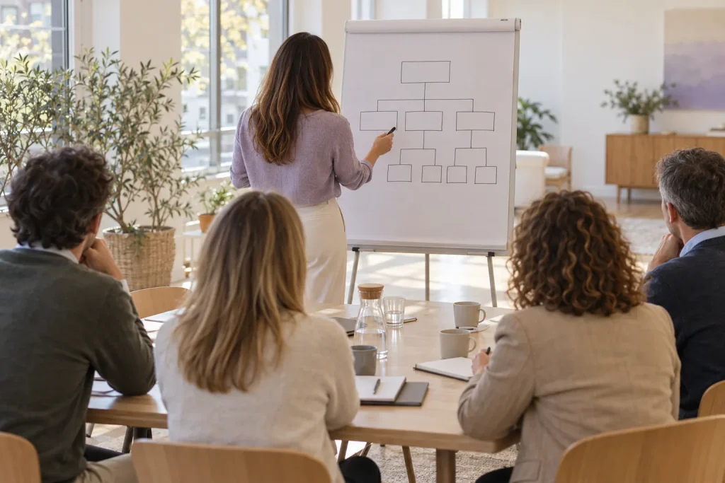 Consultora explicando un organigrama dibujado en un rotafolio a un equipo sentado en una sala de reuniones
