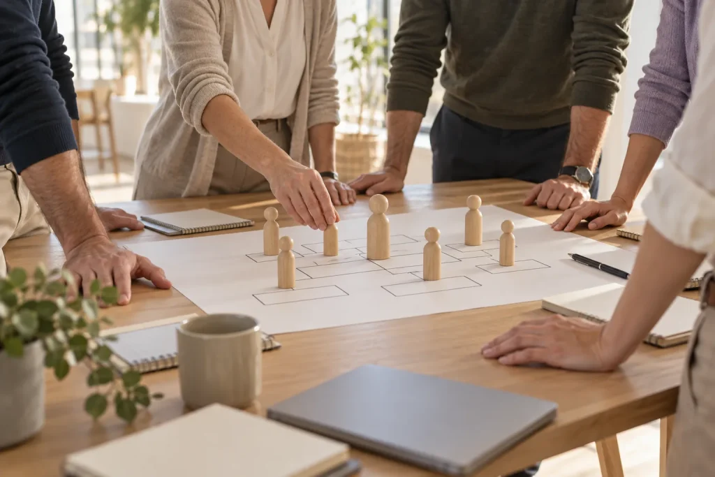 Equipo trabajando una constelación organizacional con figuras de madera sobre un organigrama