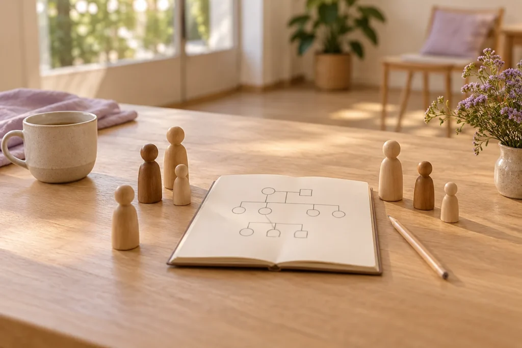 Cuaderno con un genograma y figuras de madera para constelaciones familiares