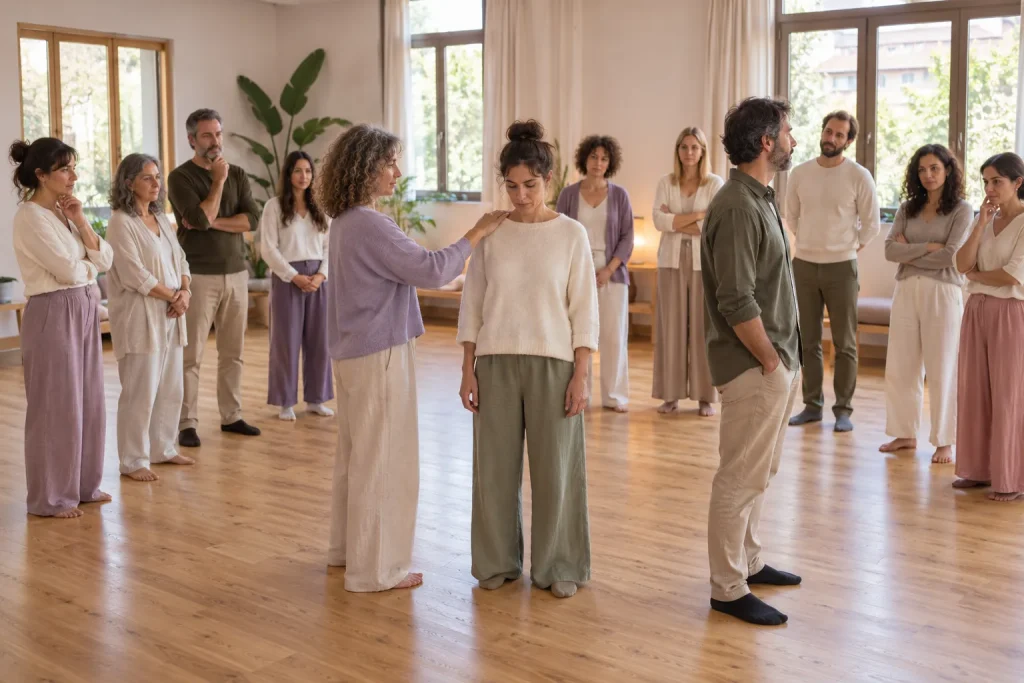 Alumnos del máster practicando una constelación familiar en una sesión presencial