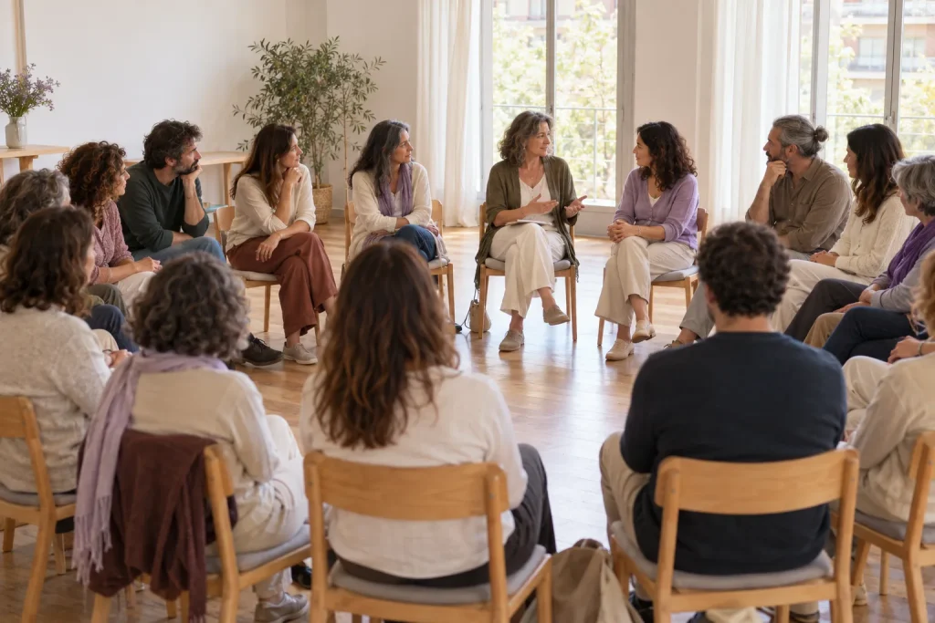 Jornada abierta de constelaciones familiares con el grupo sentado en círculo escuchando un caso