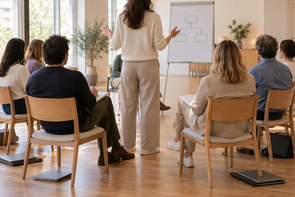 Jornada de trabajo con un equipo de empresa: profesionales sentados escuchando a la facilitadora junto a un rotafolio con un organigrama