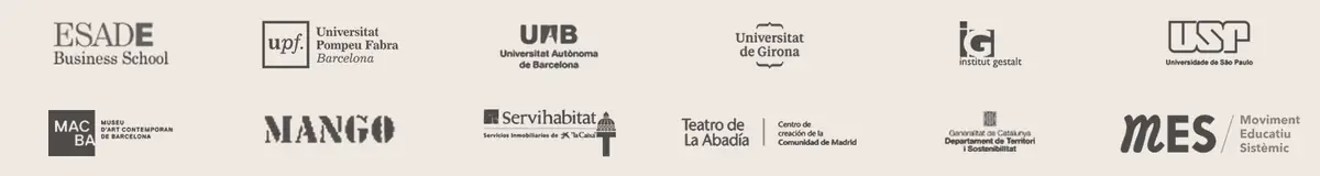 Entidades con las que ha trabajado Joan Corbalán: ESADE, Universitat Pompeu Fabra, UAB, Universitat de Girona, Institut Gestalt, Universidade de São Paulo, MACBA, Mango, Servihabitat, Teatro de La Abadía, Generalitat de Catalunya y Moviment Educatiu Sistèmic
