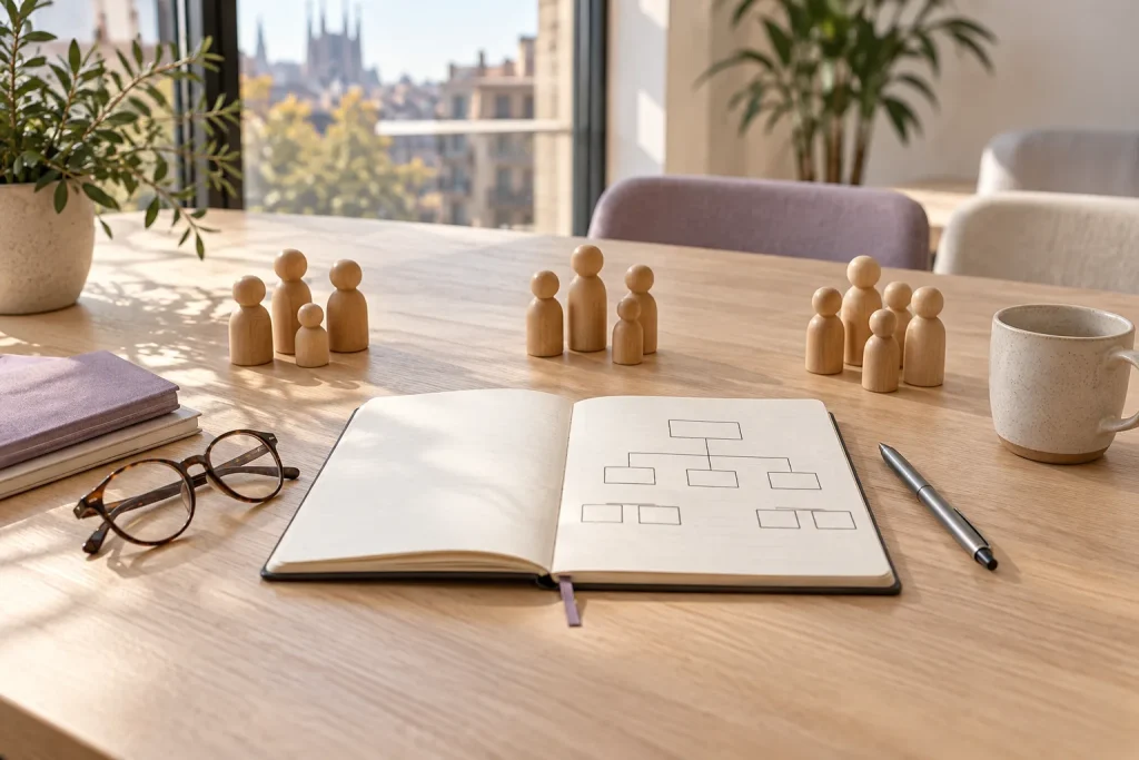 Organigrama dibujado a mano y figuras de madera agrupadas en tres equipos sobre una mesa de reuniones