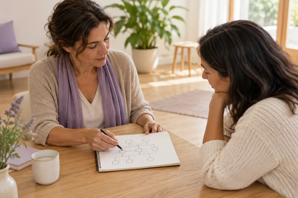 Profesional que trabaja con personas dibujando un genograma familiar con una clienta