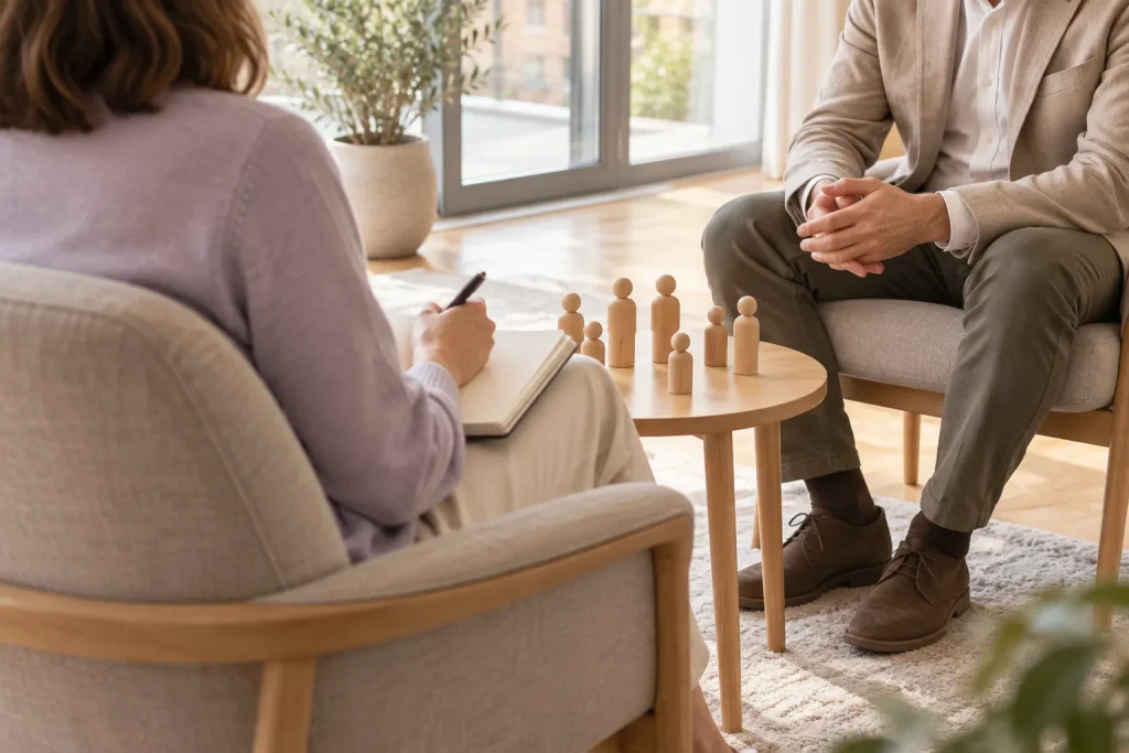 Sesión de coaching sistémico junto a la ventana, con figuras de madera en una mesa auxiliar