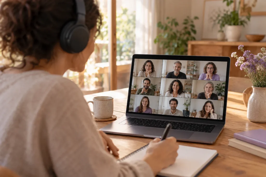 Alumna con auriculares tomando notas en una sesión online en directo