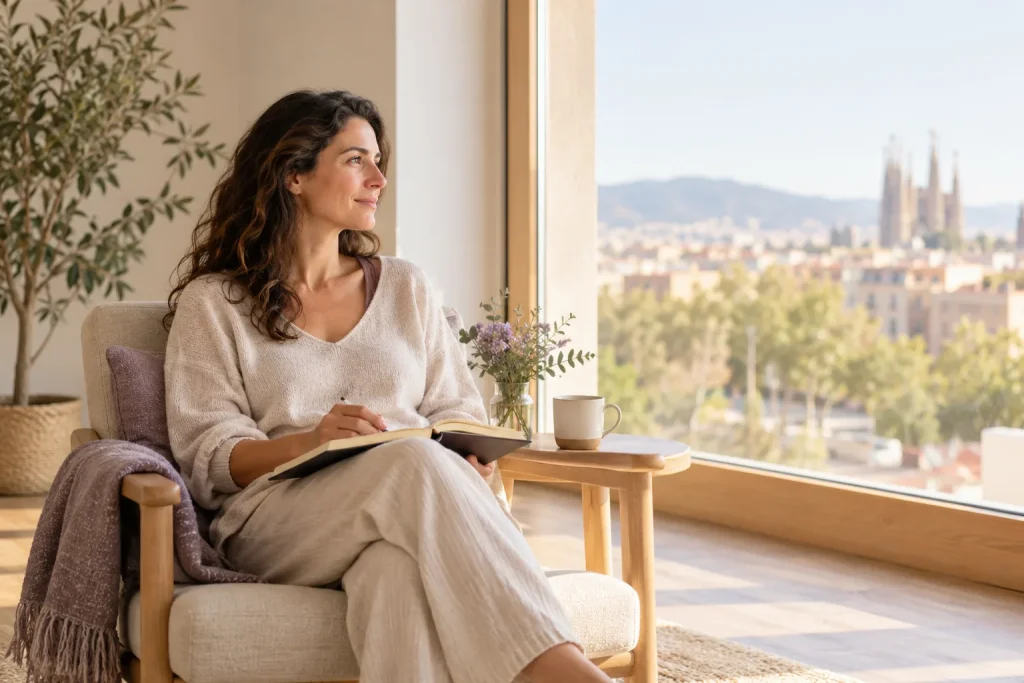 Mujer haciendo trabajo personal con su cuaderno junto a una ventana con vistas a Barcelona